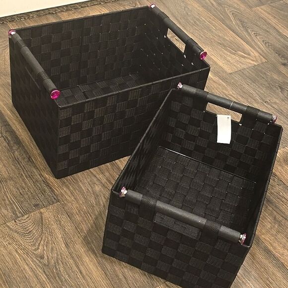 At Home Woven Storage Basket w/Iridescent Pink Knob Handles - Picture 5 of 7